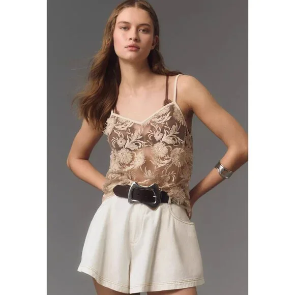 Eva Franco Anthropologie Floral Applique Beige Lace Cami NWT - Picture 1 of 3